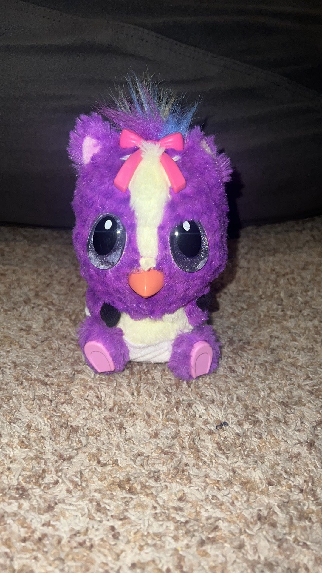 Hatchimals HatchiBabies Purple Interactive Toy Baby Bird Spin Master Works. Has a stain on back. Hair is a lil matted