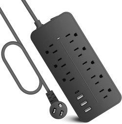 Extension Cord Surge Protector Power Strip - Flat Plug Braided Power Bar with 8 Widely Outlets and 4 USB Ports(1 USB C), Multi Plug Wall Mount Desk US