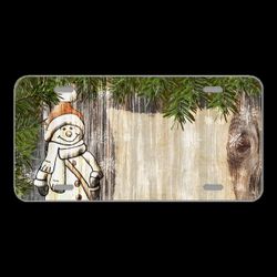 License Plate Novelty Car Front Snowman Christmas Fir Green Holly