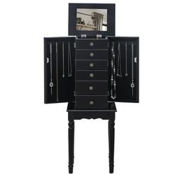 Standing Jewelry Armoire with Mirror, 5 Drawers, 8 Necklace Hooks, and Top Storage Organizer (Black)