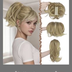 FESHFEN Claw Clip Short Ponytail Extensions - DIY Bendable Metals Fluffy Messy Bun Hair Piece Straight Synthetic Hairpieces Ponytail Extension For Wom