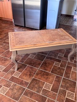 Coffee Table with Natural Oak Top, Taupe Base & Marble Tile Accents