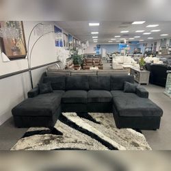 Black corduroy double chaise sectional sofa