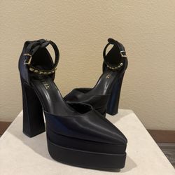 Findvell  Black Satin Platform Heels With Ankle Straps 