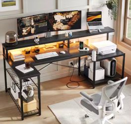 LED Gaming Desk with Power Outlets, 71 inch L Shaped Computer Desk with Monitor Stand, Large Desk with Printer Stand Adjustable Shelf, Cup Holder & Ho