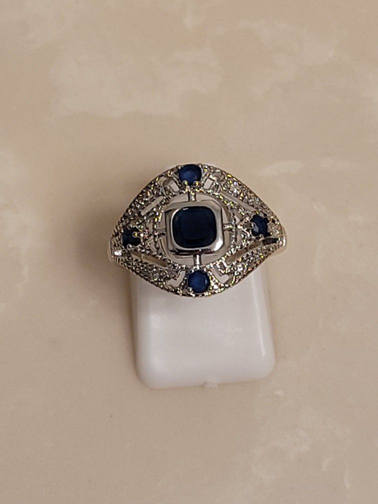 925 Silver CZ and Sapphire Ring Size 6