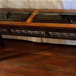 Lattice Wood Sofa/Console Table with Smoke Glass Top