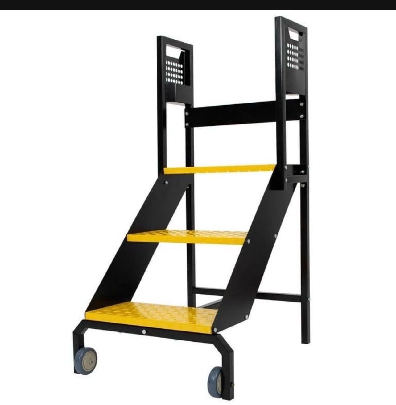 New 3 Step Steel Rolling Ladder, Step Stool with Handrails, Wheels, Tool Racks and Wide Anti-Slip Pedals, Industrial & Warehouse Safety Step Ladder, 4