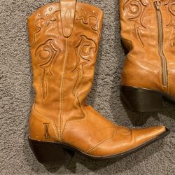 JK B01 Diane Vintage Womens Tan Leather High Top Block Heels Western Cowboy  Boots sz 38 M