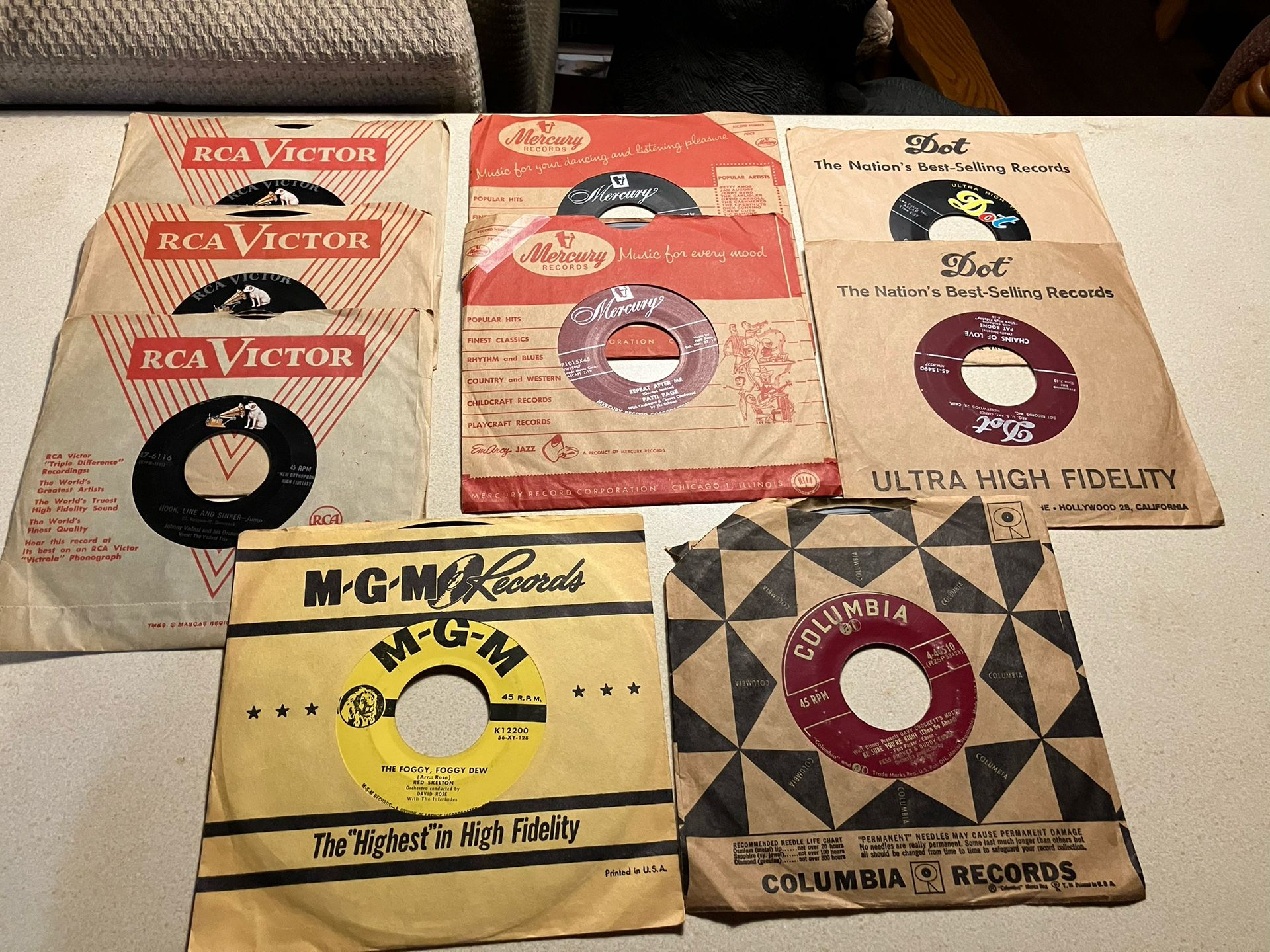 9 vintage RPM records, 1950s, Various Artists Listed Below