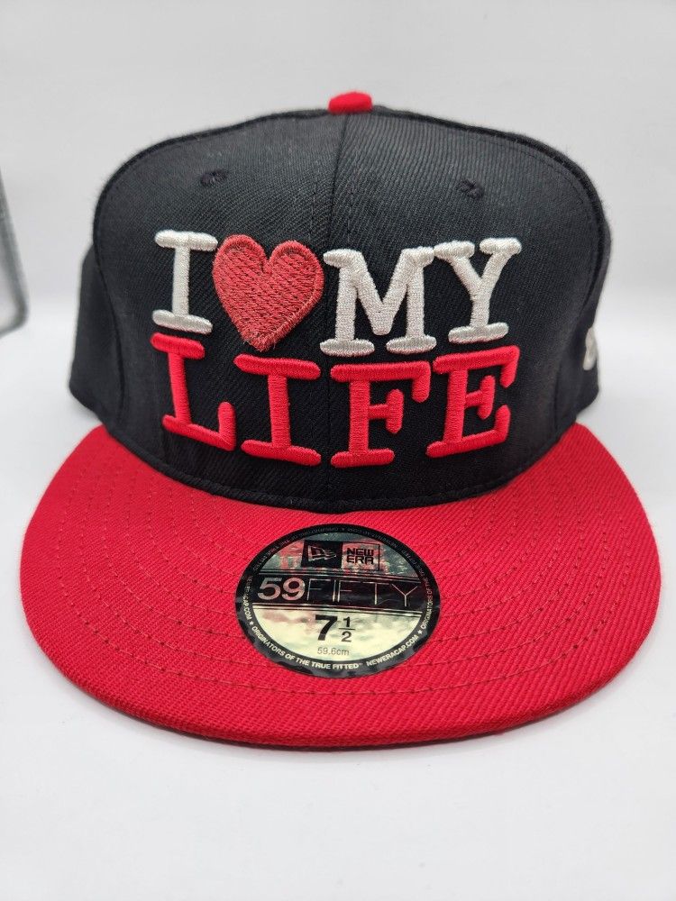New Era "I Love My Life" Black Red Brim Bred Colorway Fitted Hat 7 1/2 *RARE*