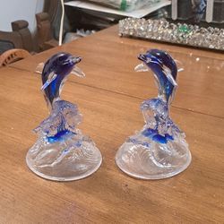 Murano Style Set Of 2 Art Glass Dolphins Riding The Waves 6"H In Clear & Cobalt Blue 