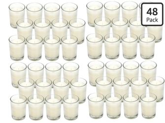 48 Pack Hosley Unscented Votive Candles in Clear Glass Holders – Ivory
