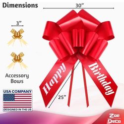  Happy Birthday Car Bow - Red, 30 Inch - Giant Car Bow Pre-Printed w/Happy Birthday