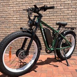Dual Motor 52 Volt/2000 Watt Fat Tire Electric Mountain Bike 37 Mph, Full Suspension, w USB, 
