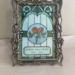 Vintage Heavy Brass Art Nouveau Picture Frame w/Stained Glass Church Print 9”
