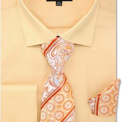 C. Allen Men's Solid Micro Pattern Regular Fit Dress Shirts with Tie Hanky Cufflinks French Cuffs Combo