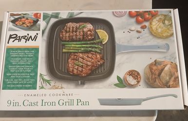 9 inch cast iron skillet and 8 cup french press, both Parini brand