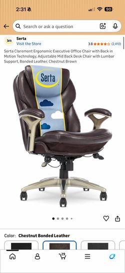 Brand New Brown/Gold Serta Claremont Vegan Leather Tall Back Office Chair w/Adjustable Lumbar/Arms