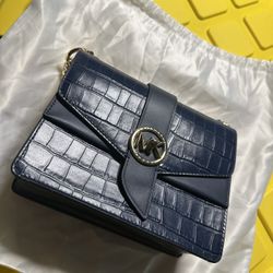 Michael Kors Greenwich Navy Croc Embossed Leather Crossbody Shoulder Chain bag 