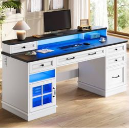 Farmhouse Executive Desk Computer Desk with Drawers, White