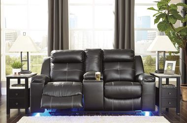 Black leather reclining loveseat w/console