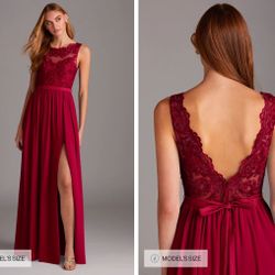  Azazie Burgundy A-Line Lace Scoop Neck Chiffon Dress Custom Size (L) 