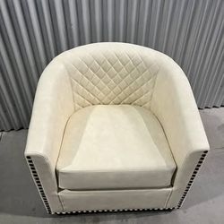 (Brand New)Small Swivel Faux Leather Tufted Upholstered Barrel Accent Arm Chair
