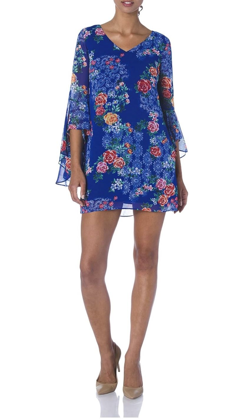 Brand New Woman’s Kensie brand Blue Floral Bell Sleeve Chiffon Mini Dress Up For Sale