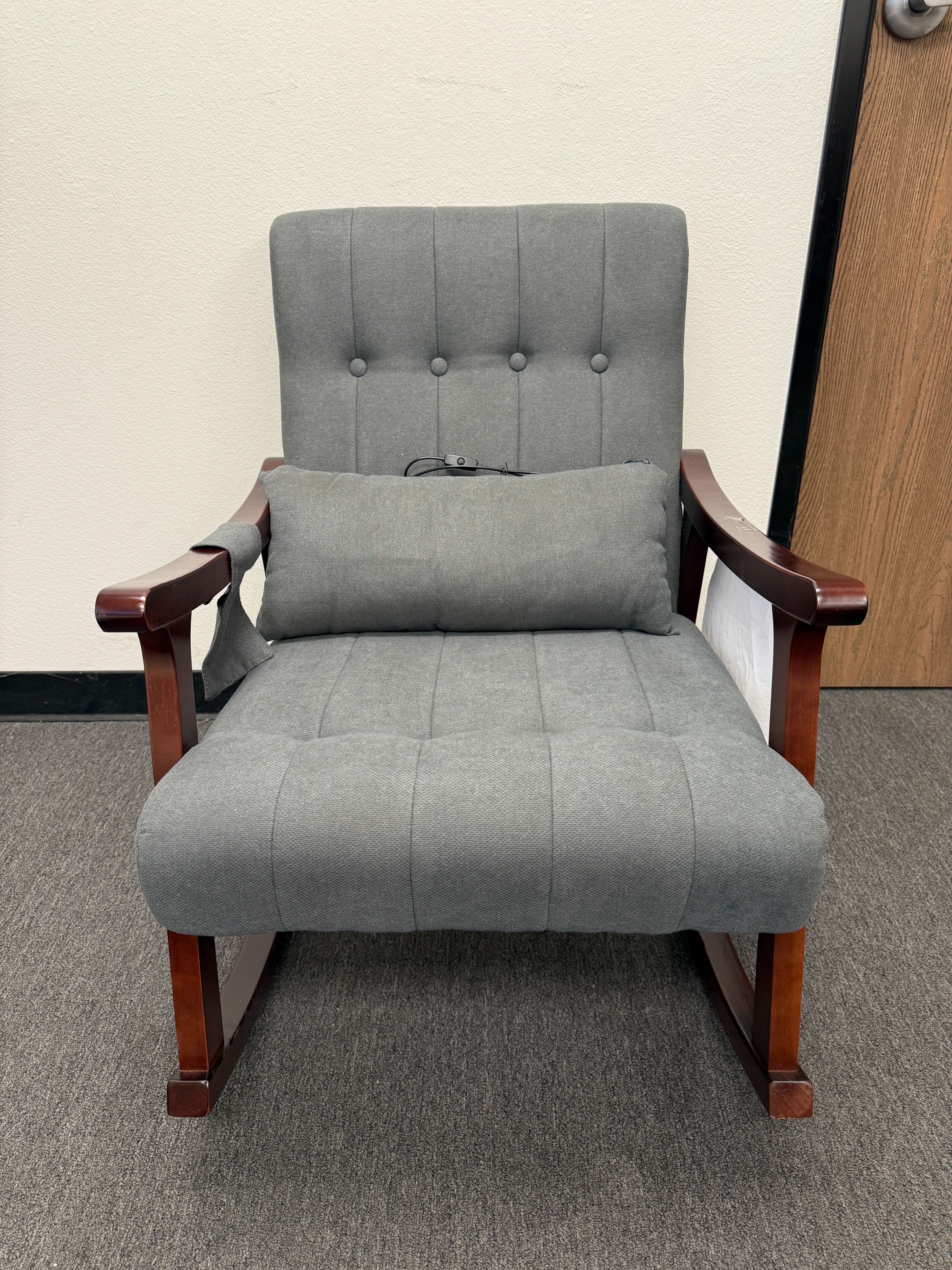 AVAWING Upholstered Rocking Chair, Small Fabric Glider Rocker with 2-Point Massage Lumbar Pillow and Solid Wood Legs, Brand New and Fully Assembled