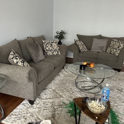 2 Piece Grey Couch And 3 Piece Glass Table