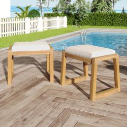 Set of 2 - Outdoor Patio Acacia Wood Dining Stools / Bench w/ Beige Cushions [NEW]  **Assembly Req**