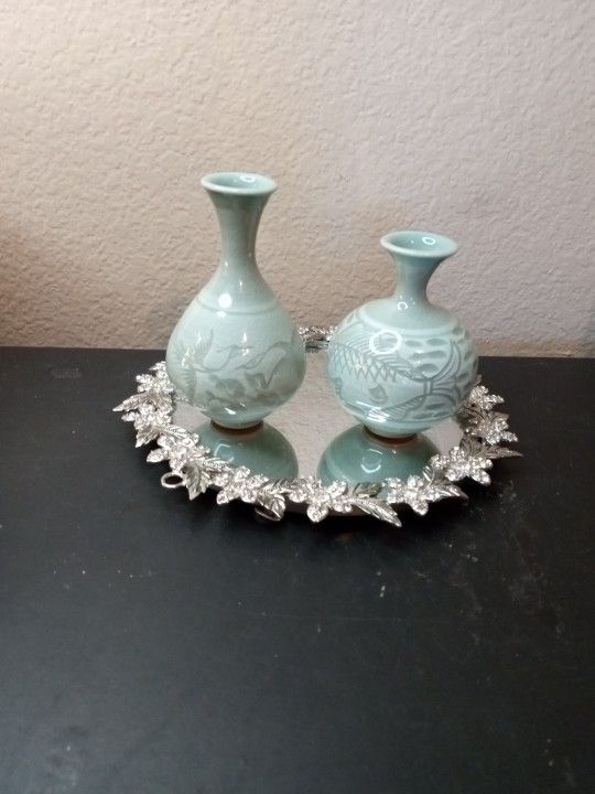 GORGEOUS Pair of Japanese Celadon Glazed & Embossed Bud Vases