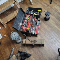LOT of TOOLS: One Craftsman Rally Box, Tool Box, Plastic Bin Full Of Tools + Antique Mitre Box And Bessey Vise Clamp