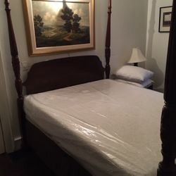 Antique four poster bed frame with brand new condition memory foam mattress and box springs. Must go this week