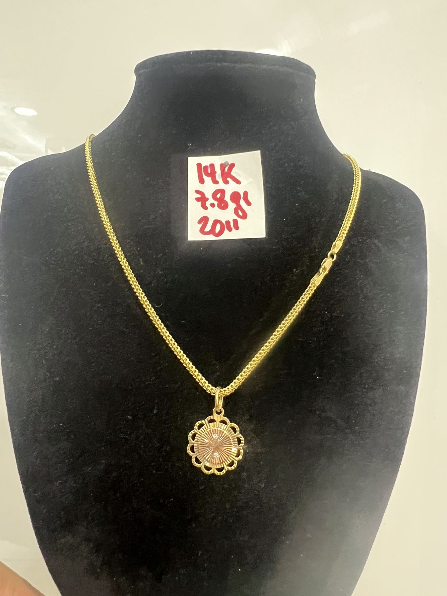 14K Solid Gold Chain and Pendant For Wedding 7.8Gr 20 Inches Long