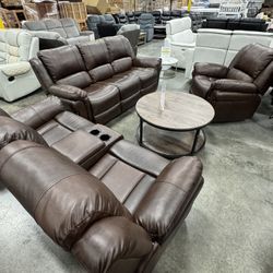 Brown Recliner Couch,Loveseat And Chair 3Pcs Set 