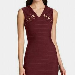 Brand new woman’s Guess brand red wine colored cut out v-neck lace up bandage bodycon dress up for sale 
