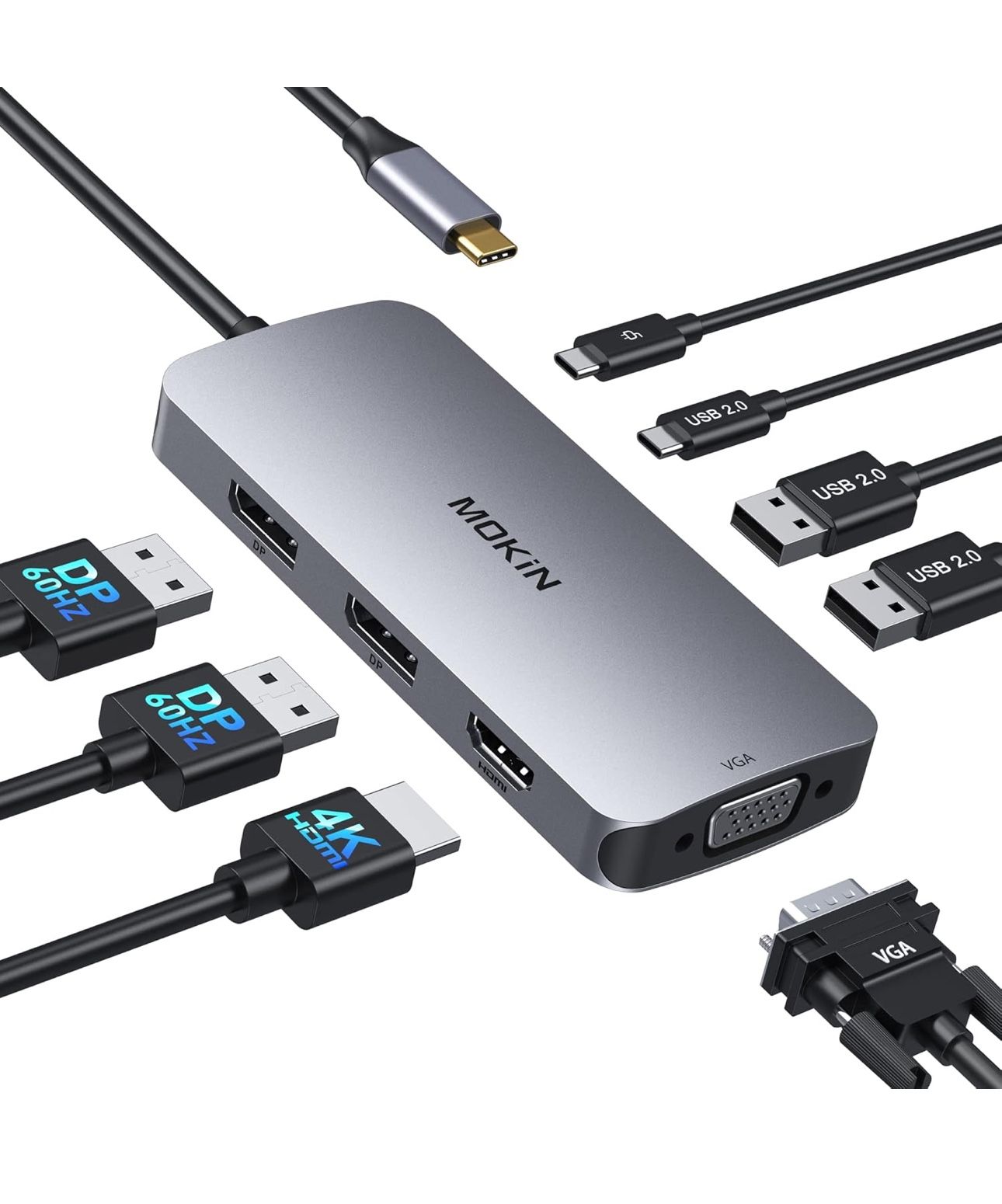 USB C Docking Station Dual DisplayPort, 8 in 1 USB Hub with 2 DP, HDMI, VGA, USB C 2.0, A 2.0, PD Charging Port, Multi Monitor Adapter for Dell/HP/Len