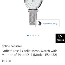 Ladies' Fossil Carlie Mesh Watch with Mother-of-Pearl Dial (Model: ES4432) - New With Tag