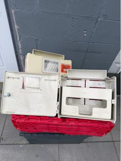 3 wall mountable medical gloves and sharps container housing.