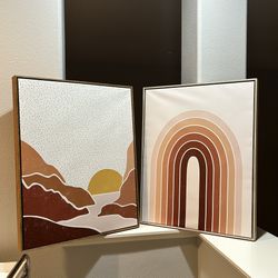 2 Large Canvas Boho Rainbow Mountain Paintings Wooden Framed Decor Neutrals