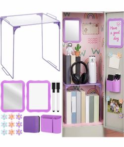 Colarr Purple Locker Accessories for Girls, 16 Pcs Locker Shelf, Magnetic Whiteboard & Mirror & Flowers, Pen Holder, Erase Marker & Eraser, Back to Sc