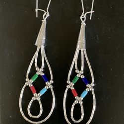 Vintage Navajo Liquid Sterling Silver Turquoise / Red Coral / Lápis Lazuli Jasper Multi Stons Zuni Dangle Pierced Earrings  2.94 grams 