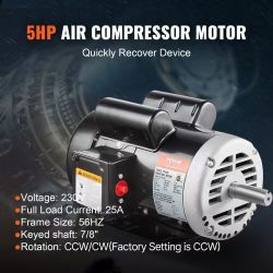 786#5HP Air Compressor Electric Motor, 230V 25 Amps, 56HZ Frame 3450RPM, 7/8" Keyed Shaft, 2.25" Shaft Length, Single Phase, CCW/CW (Factory Setting i