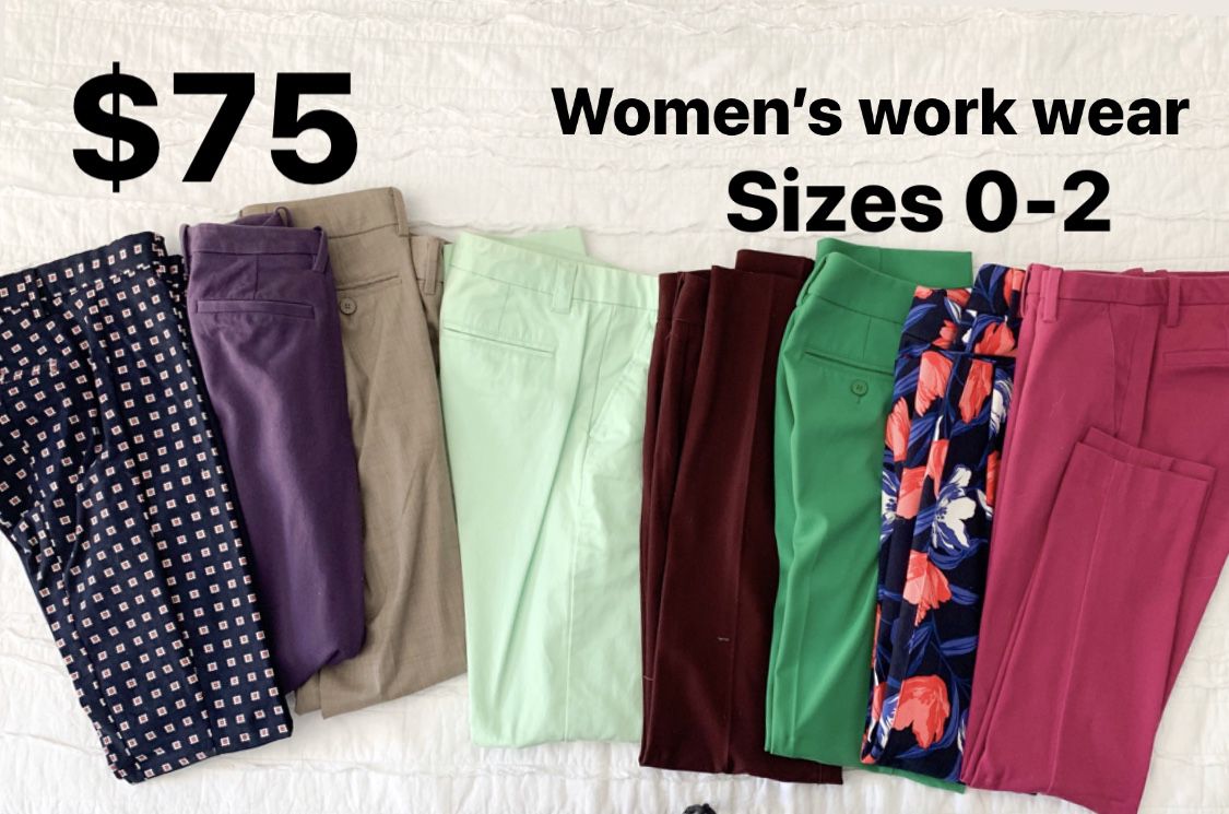 Women’s work wear. Pants, slacks, blouse, shirt, blazer.