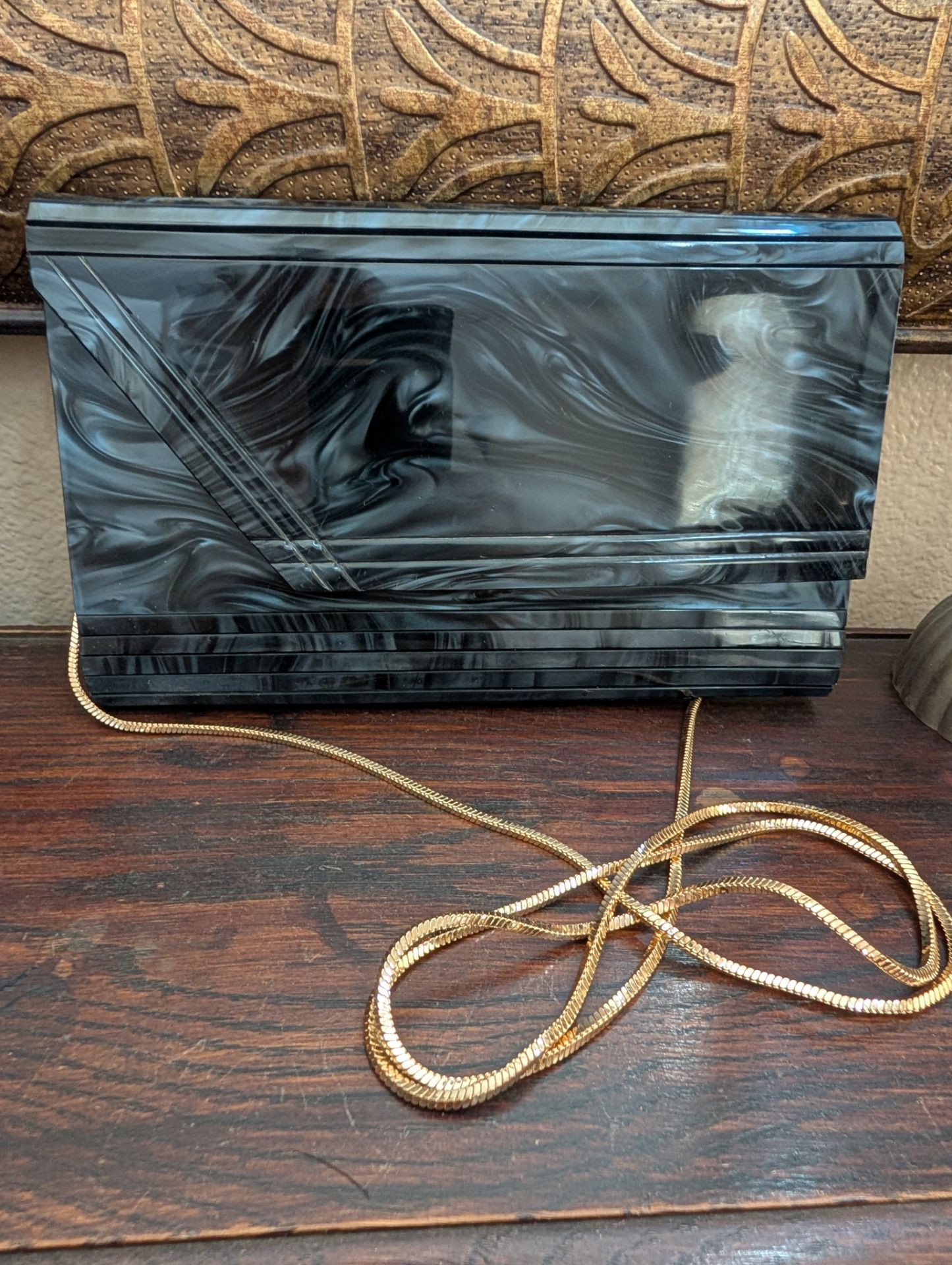 Mid Century Lucite Hard Case Marbled Gray Gold Tone Hardware Chain Purse