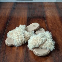 UGG Joni Sheepskin Furry Slide Sandals Cream Size 7