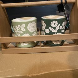 Dark And Light Green Mugs With Flower Designs