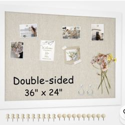 Double-Sided Large Cork Board with Linen, 36" x 24" Hanging Wood Framed Bulletin Board 